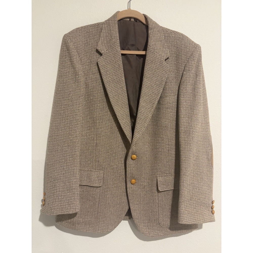 Vtg FARAH Brown Tweed Sport Coat~44 R~100% Wool Blazer Leather Patches Academia